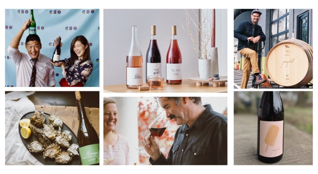 Top left: David and Lois Cho (CHO Wines); bottom middle: Anna Matzinger and Michael Davies (Matzinger Davies Wine Company); top right: Tom Caruso (Pray Tell Wines)