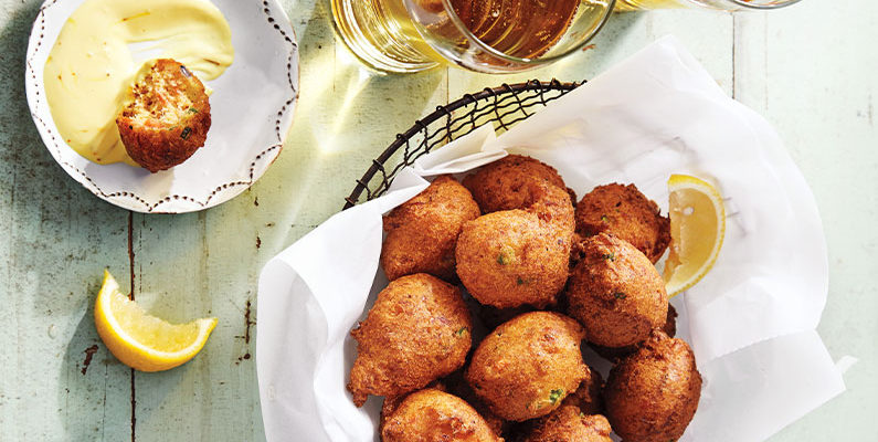 Recipe: Smoked Salmon and Asparagus Hush Puppies with Cider Aioli